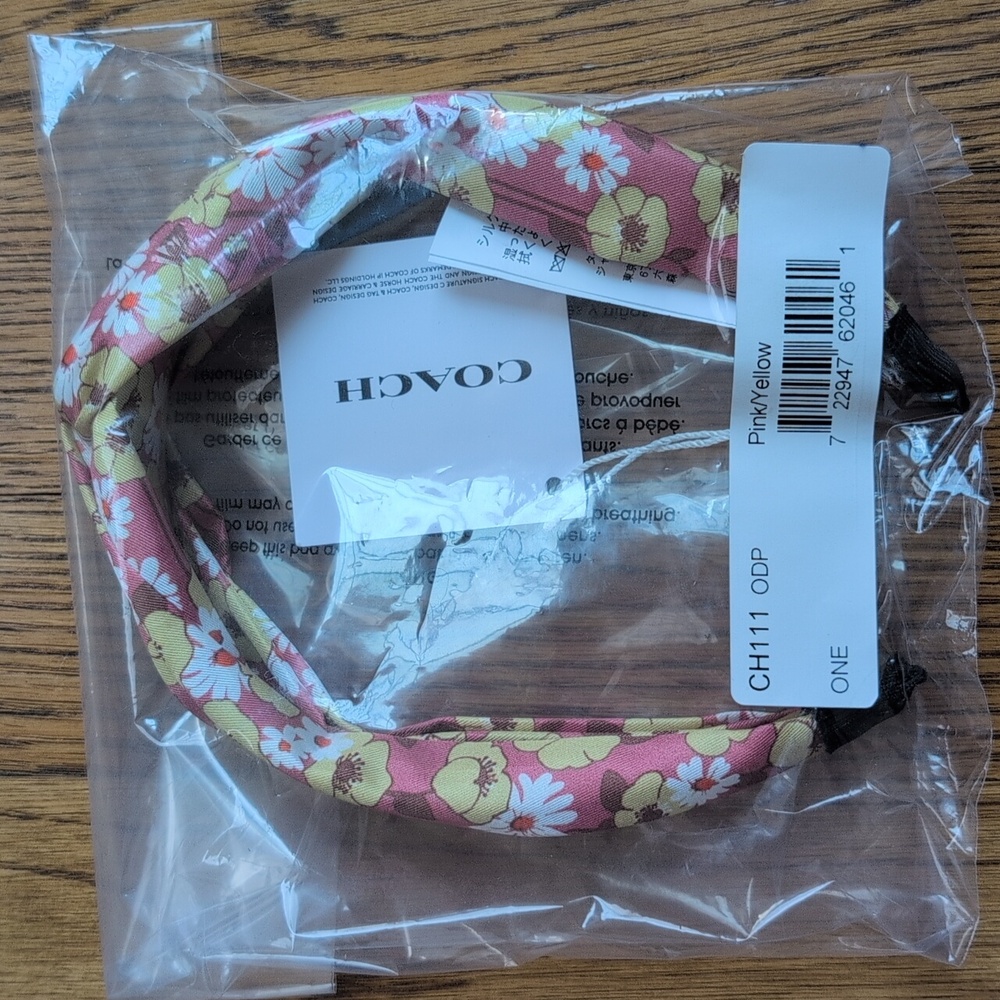 NWT Coach 100% Silk Headband Floral Script Print Pink Yellow - Picture 7 of 7
